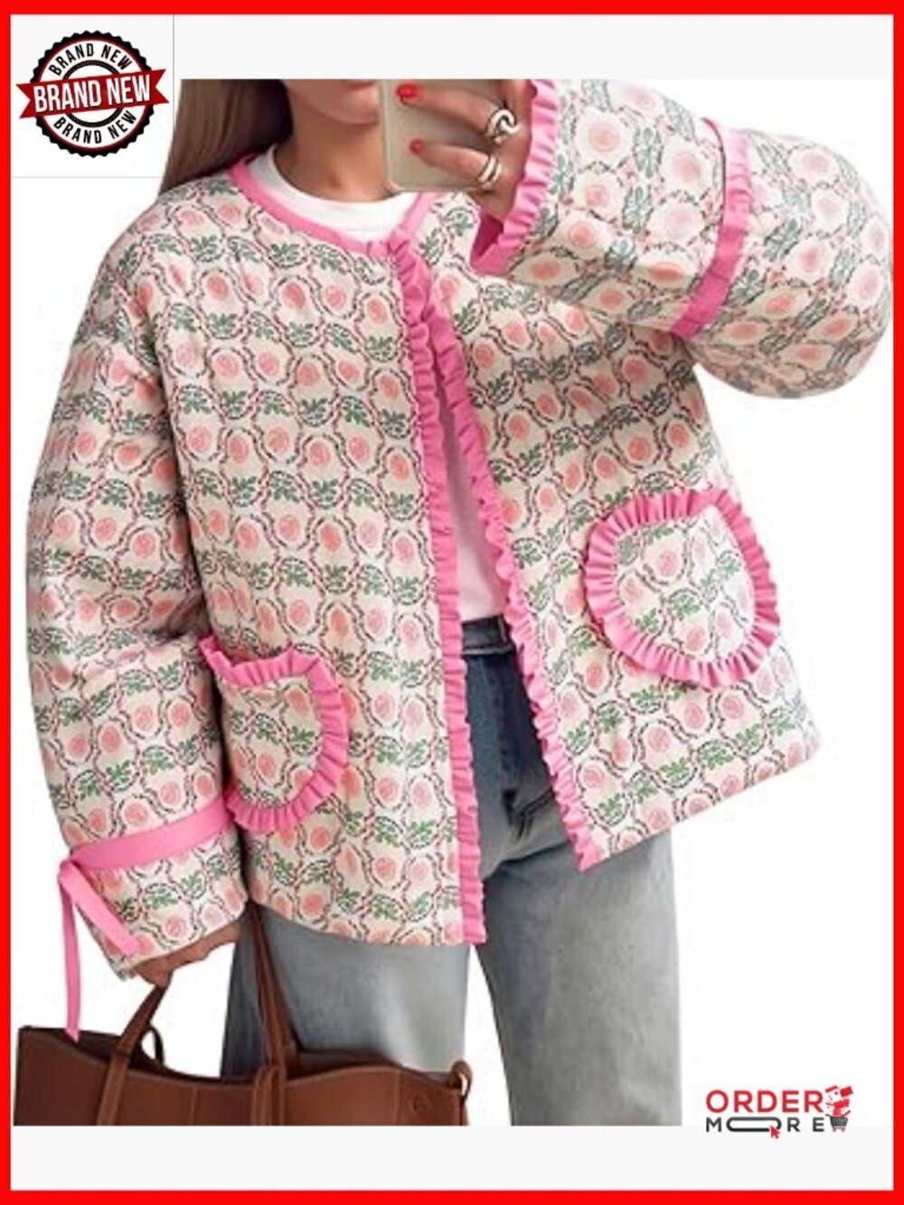 Cropped Puffer Jacket Floral Quilted Open Front Lightweight Outerwear